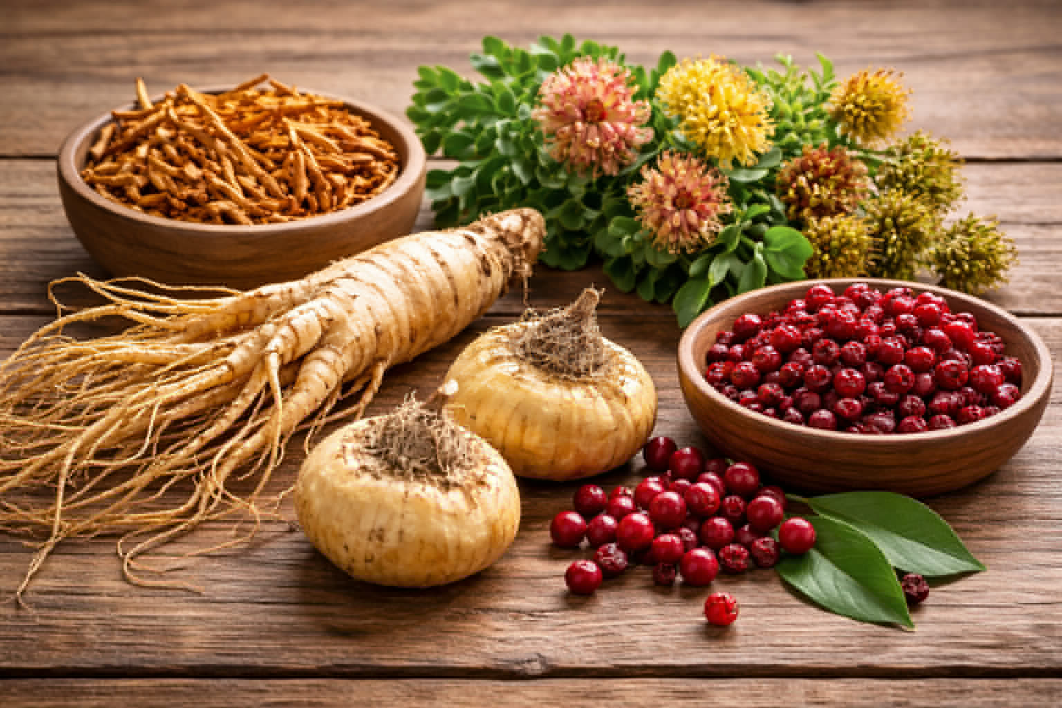 Ingredientes de muchos potenciadores sexuales a base de plantas: Ginseng, Cordyceps, Rhodiola, Schisandra y Maca