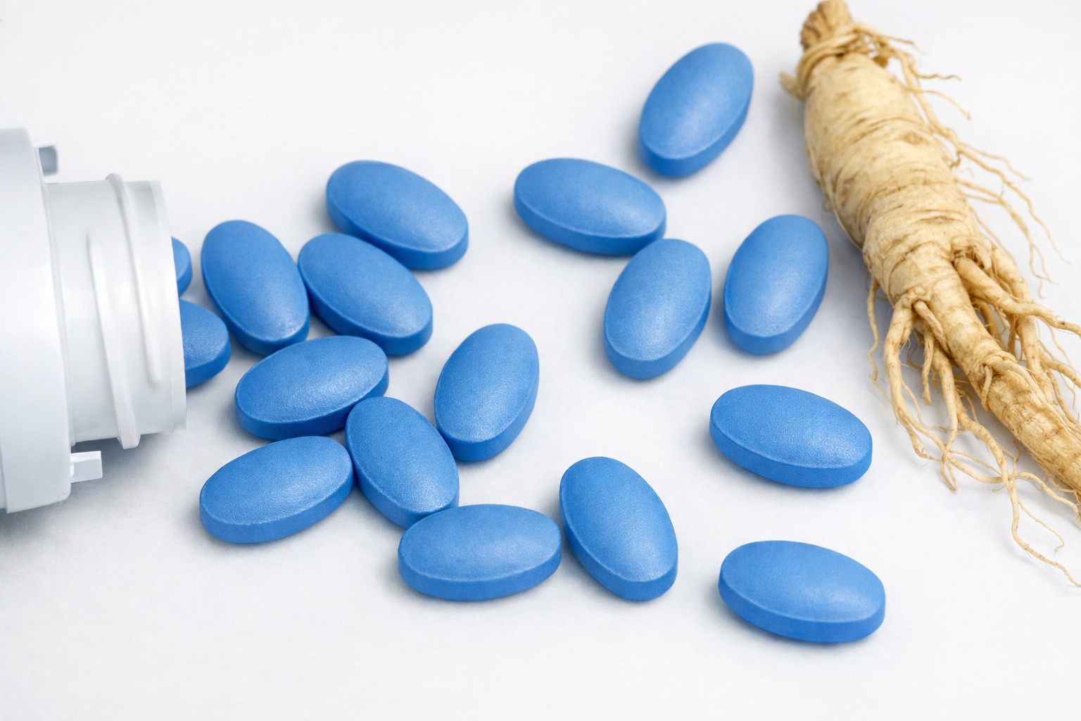 Potenciadores sexuales: píldora azul y raíz de ginseng
